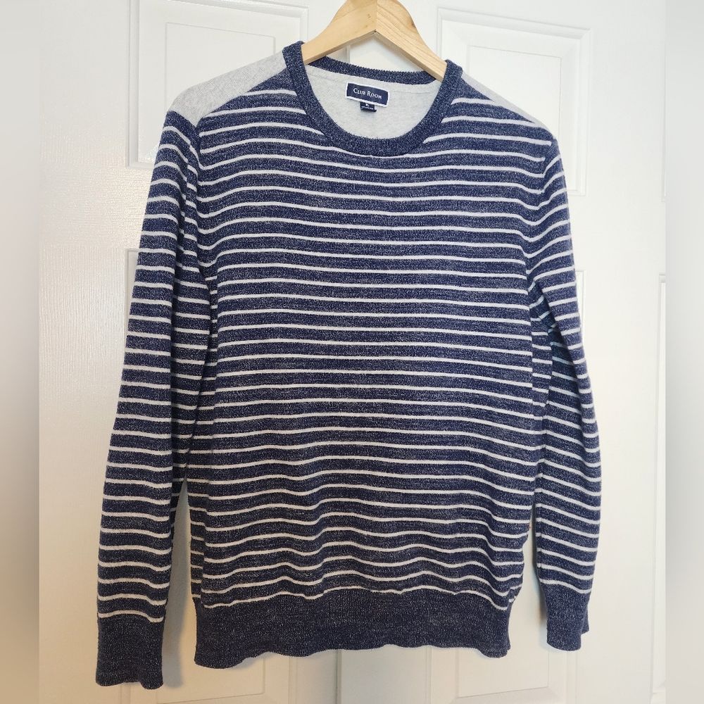 Club Room Men's Blue and White Striped Crewneck Sweater  Size XL
